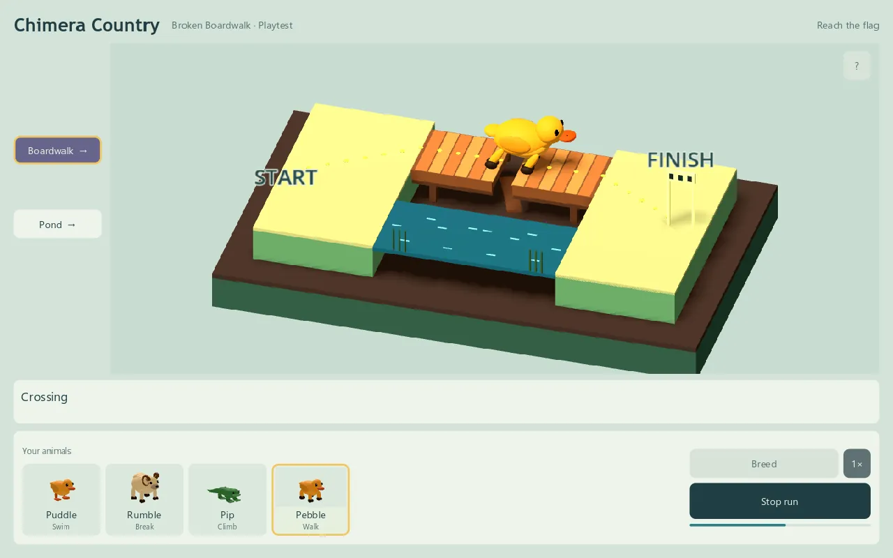A yellow duck-bodied animal on four dark hooves straddles the gap in the boardwalk, with feet on the boards at both sides. The status line reads Crossing.