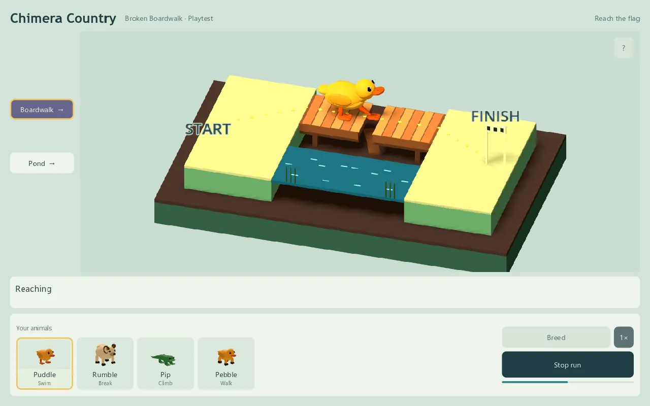 A yellow duck stands at the edge of a wooden boardwalk with one plank missing above the water. The status line reads Reaching, and Boardwalk and Pond route buttons sit at the left.
