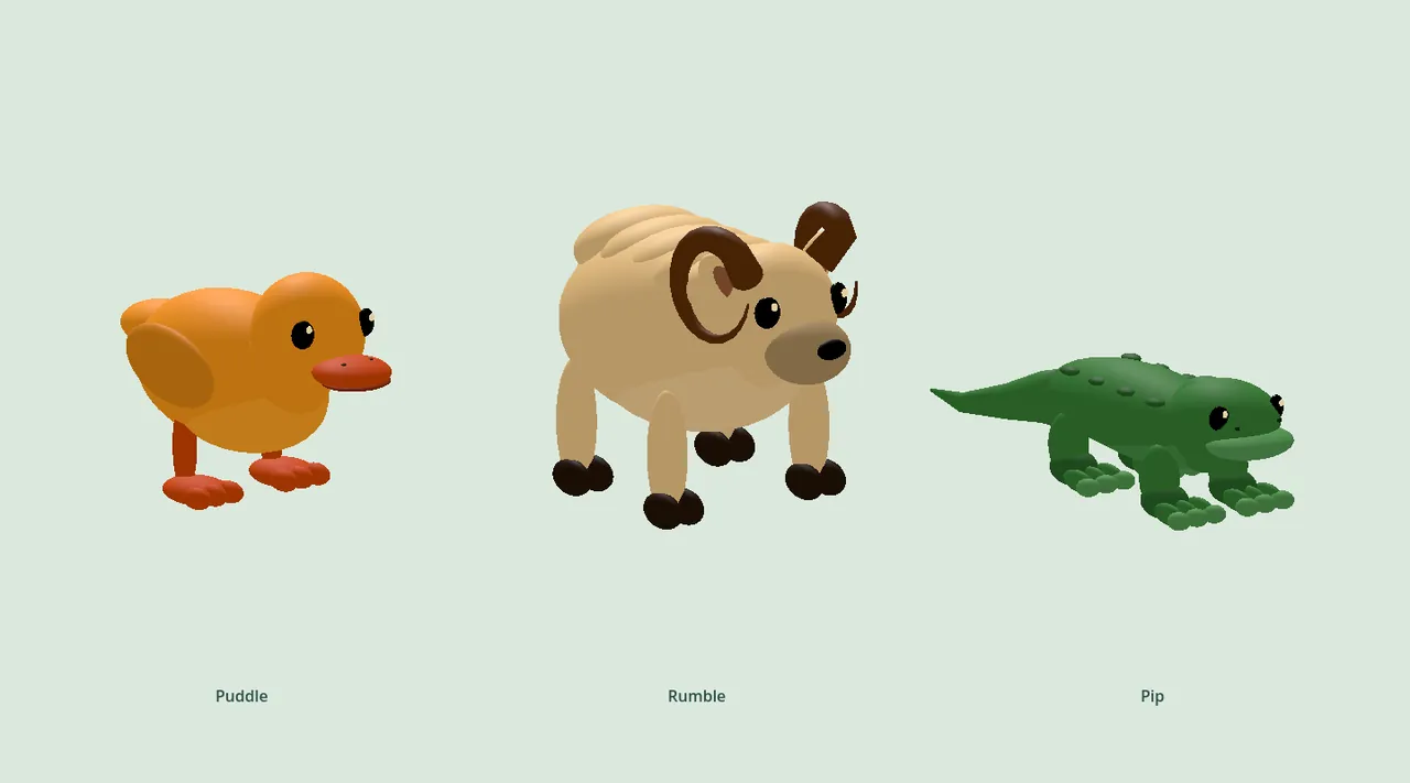 Three rounded cartoon animals on a pale green background, labelled Puddle (an orange duck on two legs), Rumble (a tan ram with curled horns) and Pip (a green gecko).