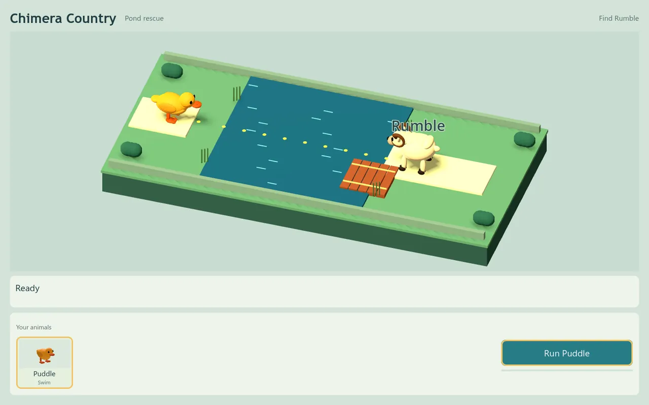 A low-poly island course with a yellow duck on the left bank, a pond in the middle and a horned animal labelled Rumble on the far side. Below, the stable holds only Puddle, next to a Run Puddle button.