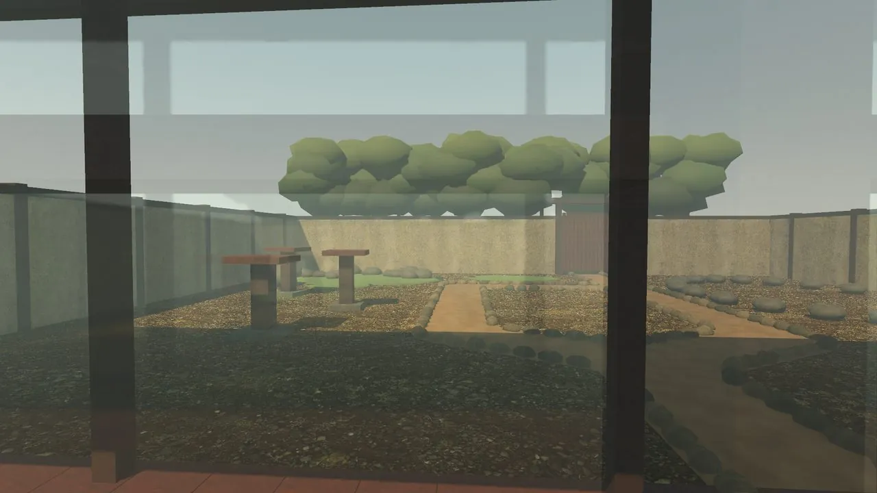The courtyard seen through faint window panes as the held picture fades out.