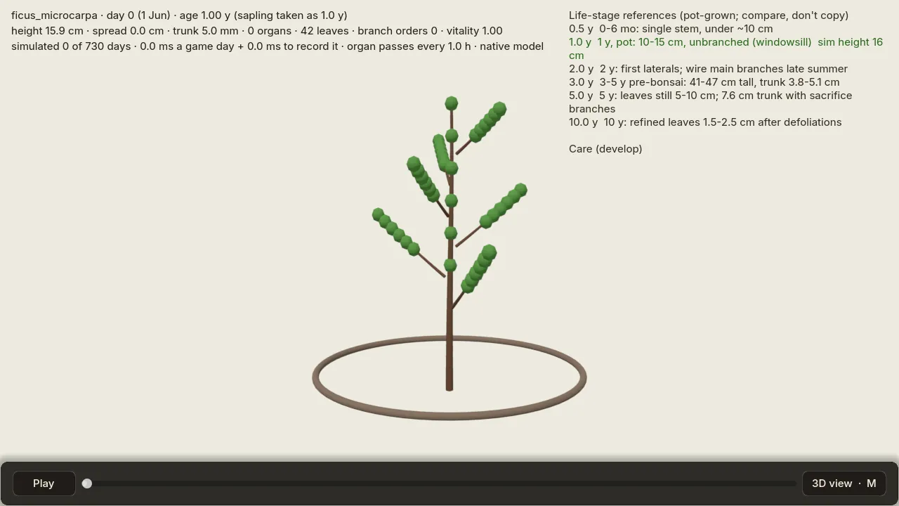 The growth slider at day 0: a small ficus drawn as brown lines and green dots beside a ring for the pot rim.