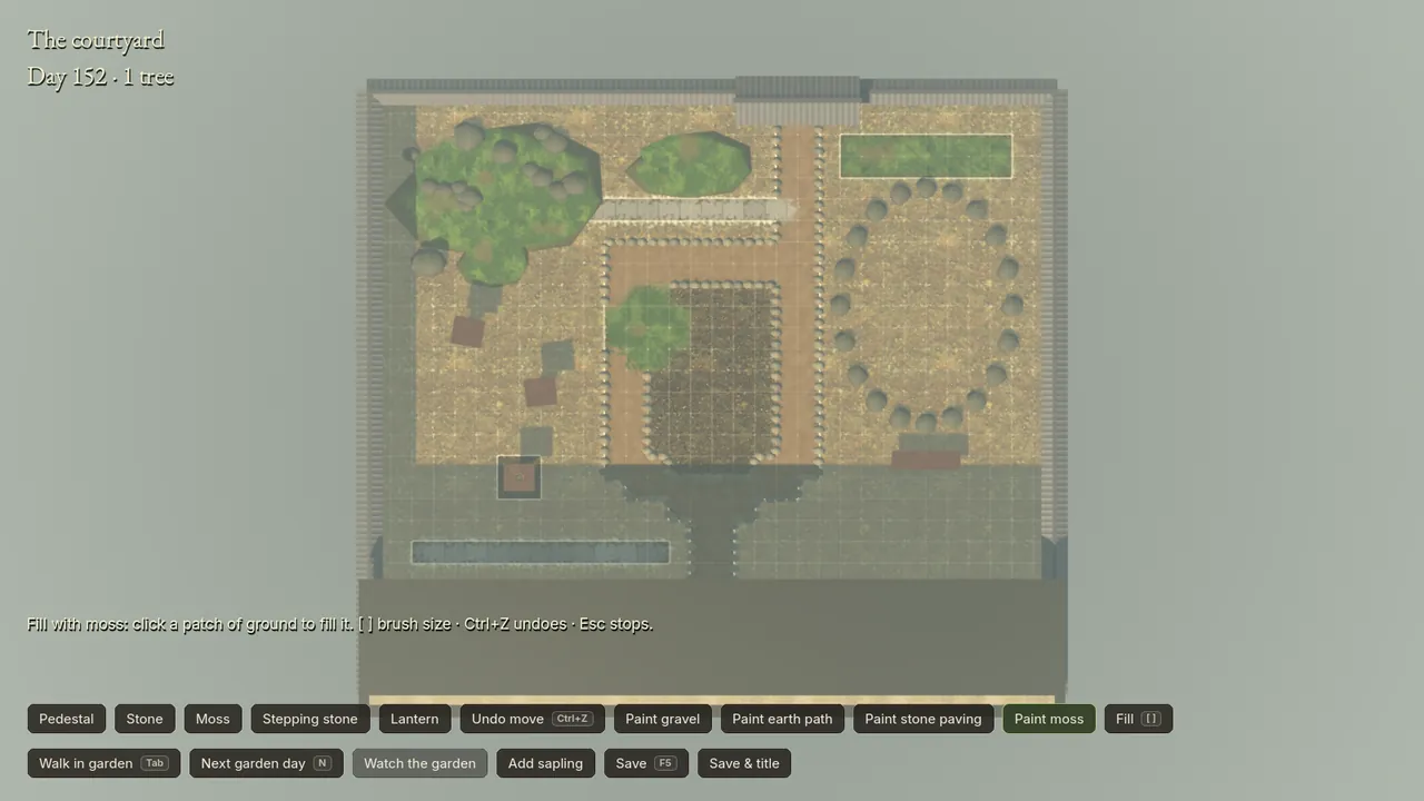 The plan with a fill preview: a gravel patch lit, the tree's pedestal and an enclosed bed left dark.