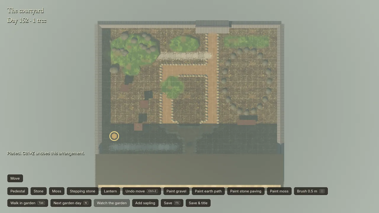 The courtyard plan from above with a half-metre grid, a painted paving strip and a moss bed.