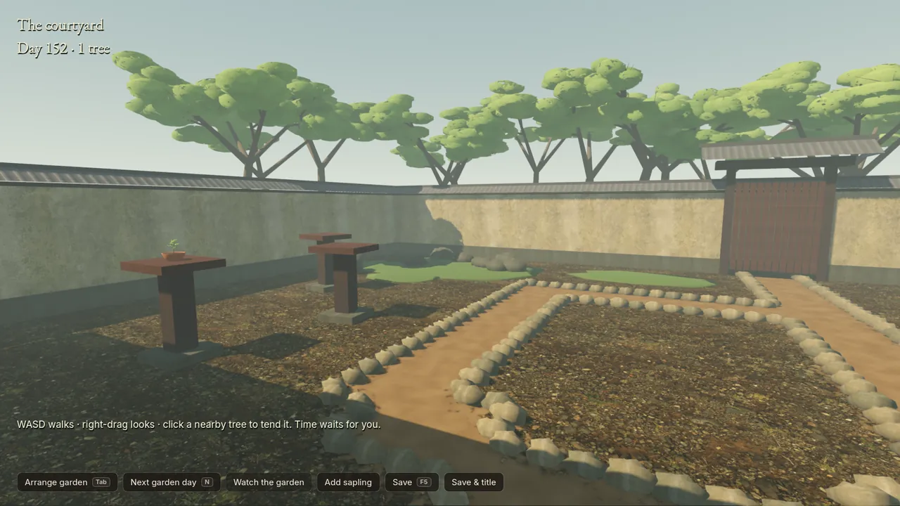 The courtyard in July with the first maples: sparse green clusters.