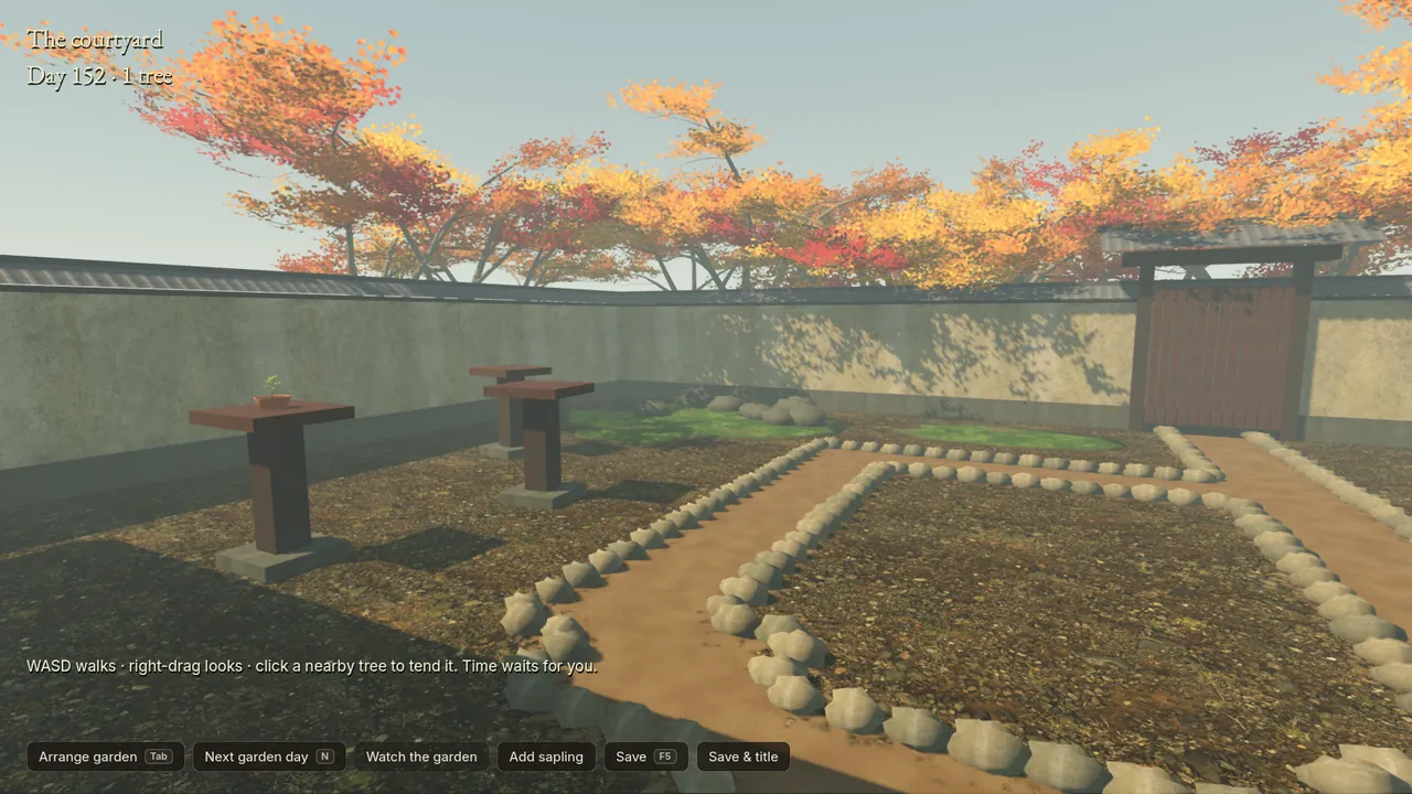 The courtyard in November with maples in autumn colour; the path is edged with rows of identical pale stones.