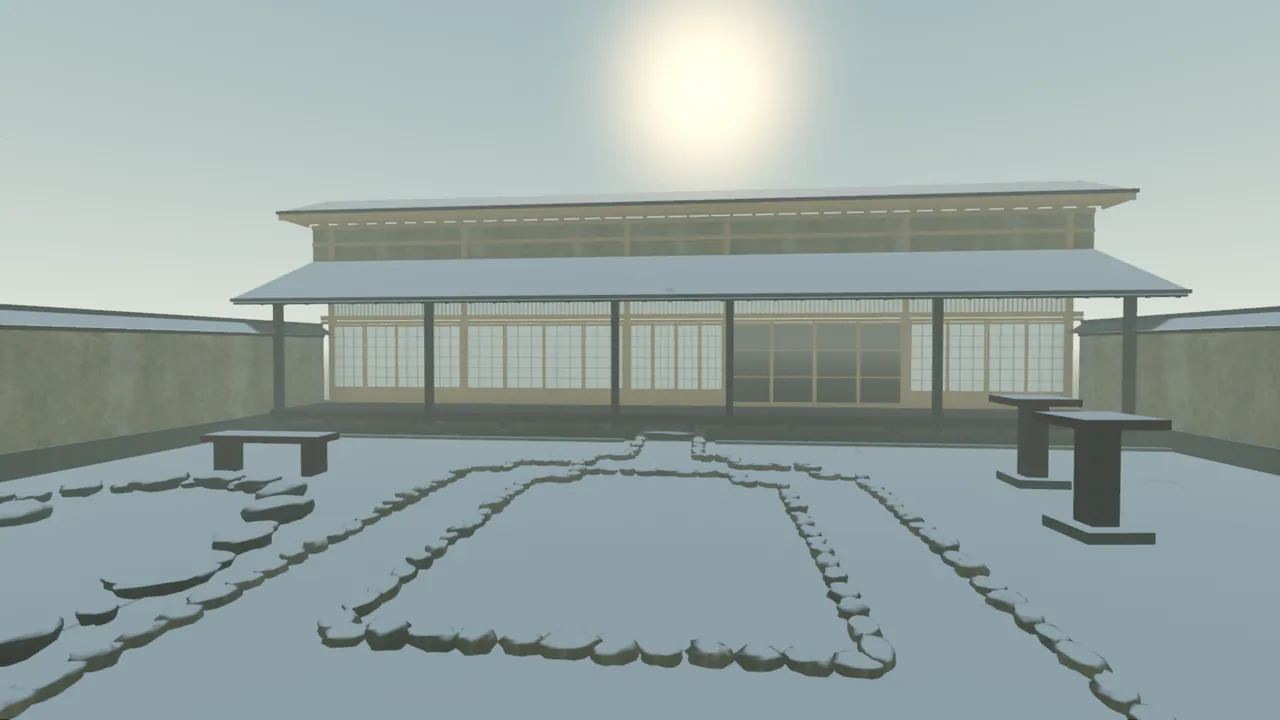 January noon with the compass turned: the sun above the house and the courtyard in the house's shadow.
