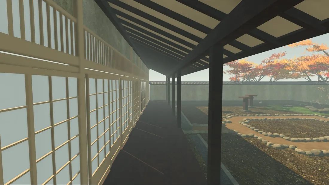 The new veranda: lengthwise boards, the shoji along the house and the rafters overhead.