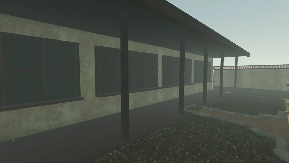 The old house side at an angle: posts standing on the ground under a slab roof.