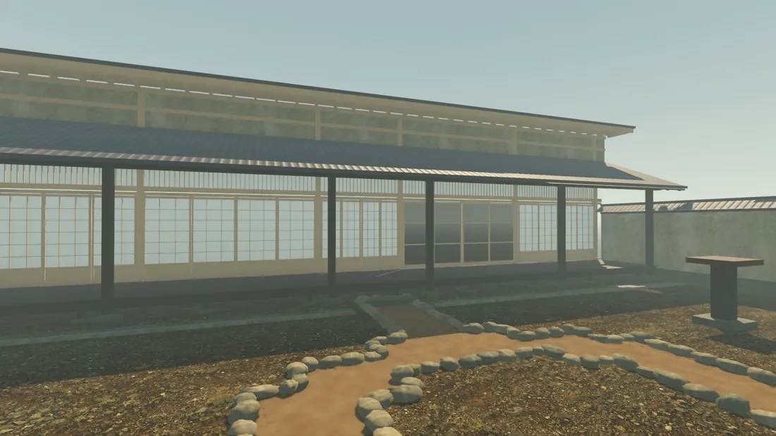 The house side now: a raised veranda under a tiled lean-to on posts, shoji screens and glass doors along the house, the upper wall and the main roof above.