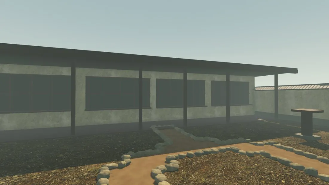 The courtyard's house side before: a strip of planks, square posts under a flat slab and a plaster wall with dark window recesses.