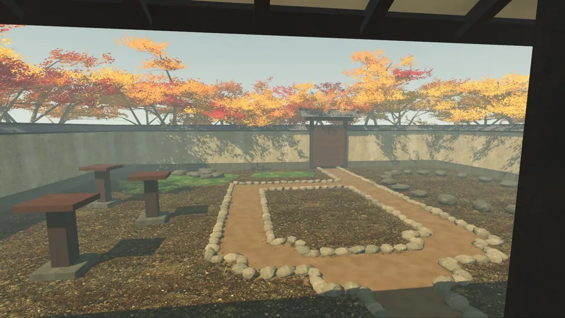 The garden from the new veranda, framed by the eaves and a post.