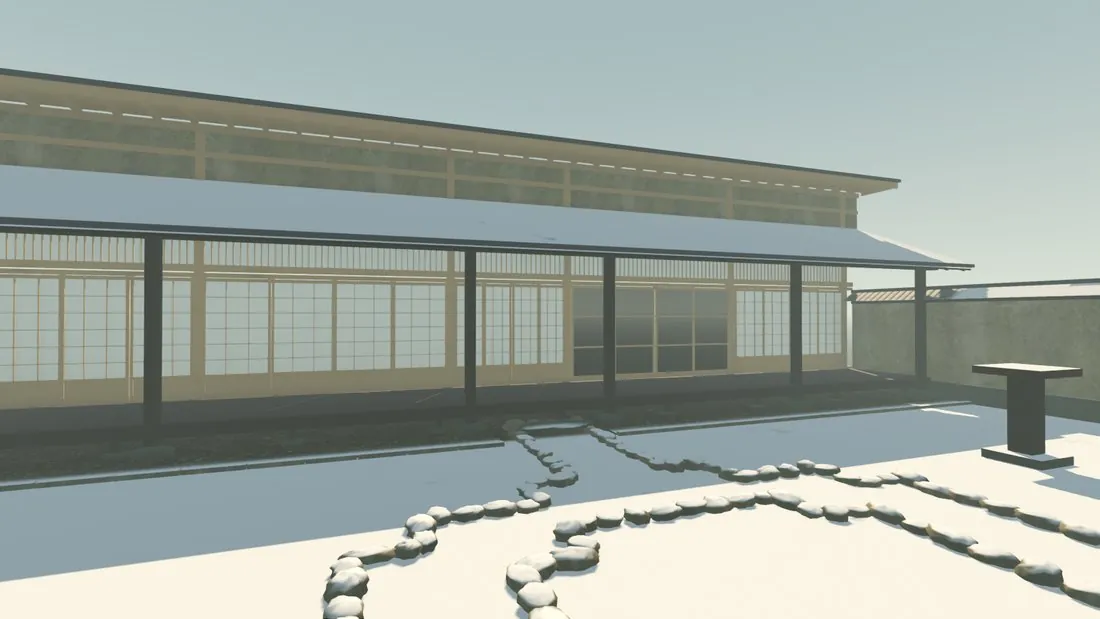 The new house side in January: snow on the lean-to's tiles, the veranda dry beneath.