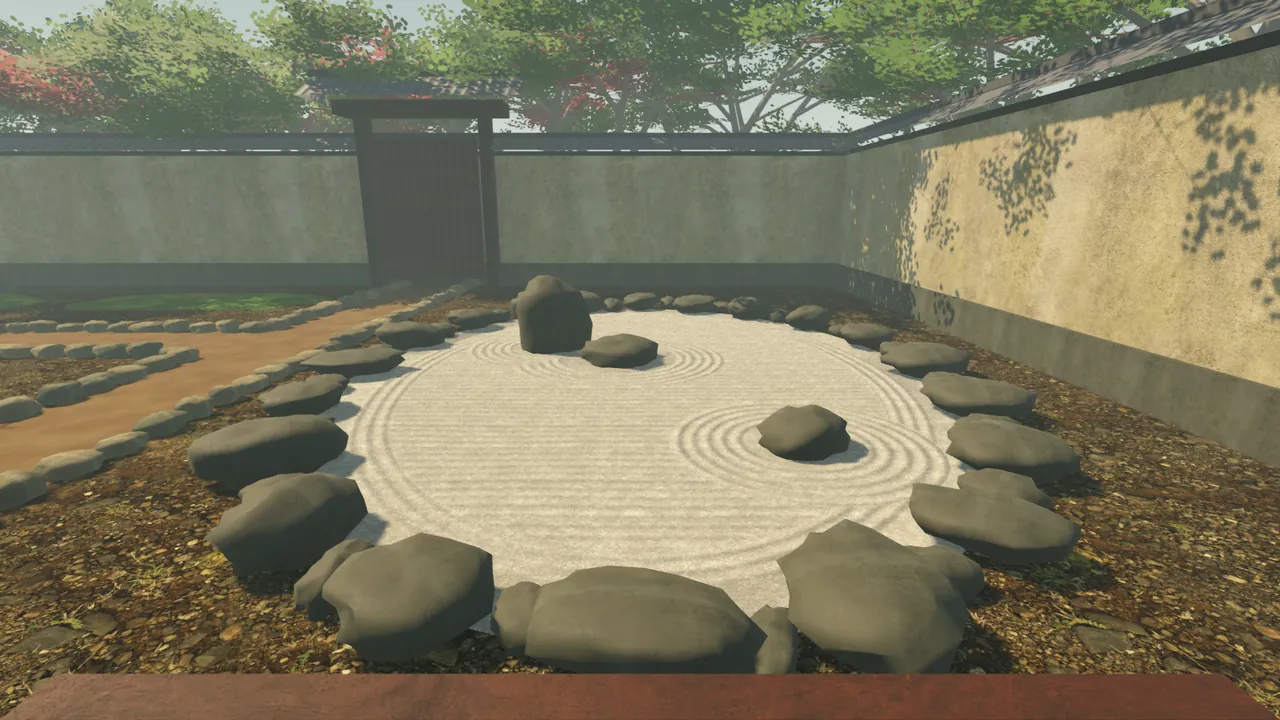 Development capture, 14 October: the new dry pond seen from the courtyard's viewing bench on a July afternoon, shown by the game itself.