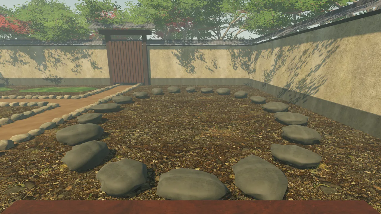 The pond pocket before, seen seated on the viewing bench: a ring of grey stones on brown gravel.