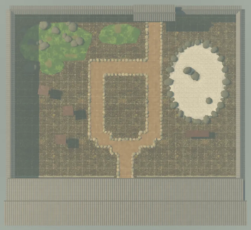 The courtyard's plan view with the dry pond on the right, its raking and island stones seen from above.