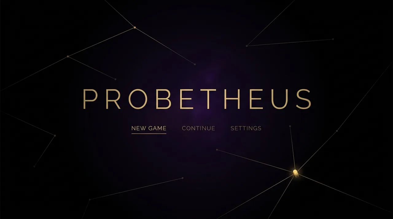 Concept art: the word PROBETHEUS in thin gold letters over a dark violet void, with New Game, Continue and Settings beneath it, faint gold lines joining scattered points, and one glowing gold probe at lower right.