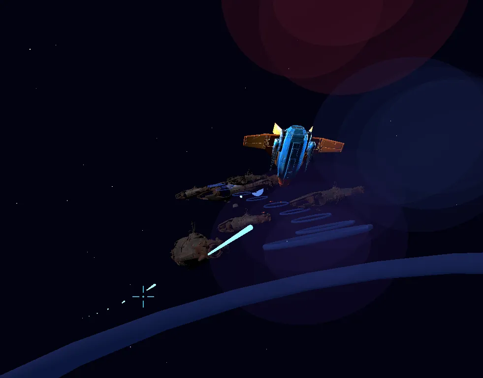 A dark space scene: the blue and orange player ship seen from behind, a cyan crosshair at lower left, a cyan laser bolt beside brown starship wrecks, a line of blue ring markers along the rail and faint red and blue nebula clouds.