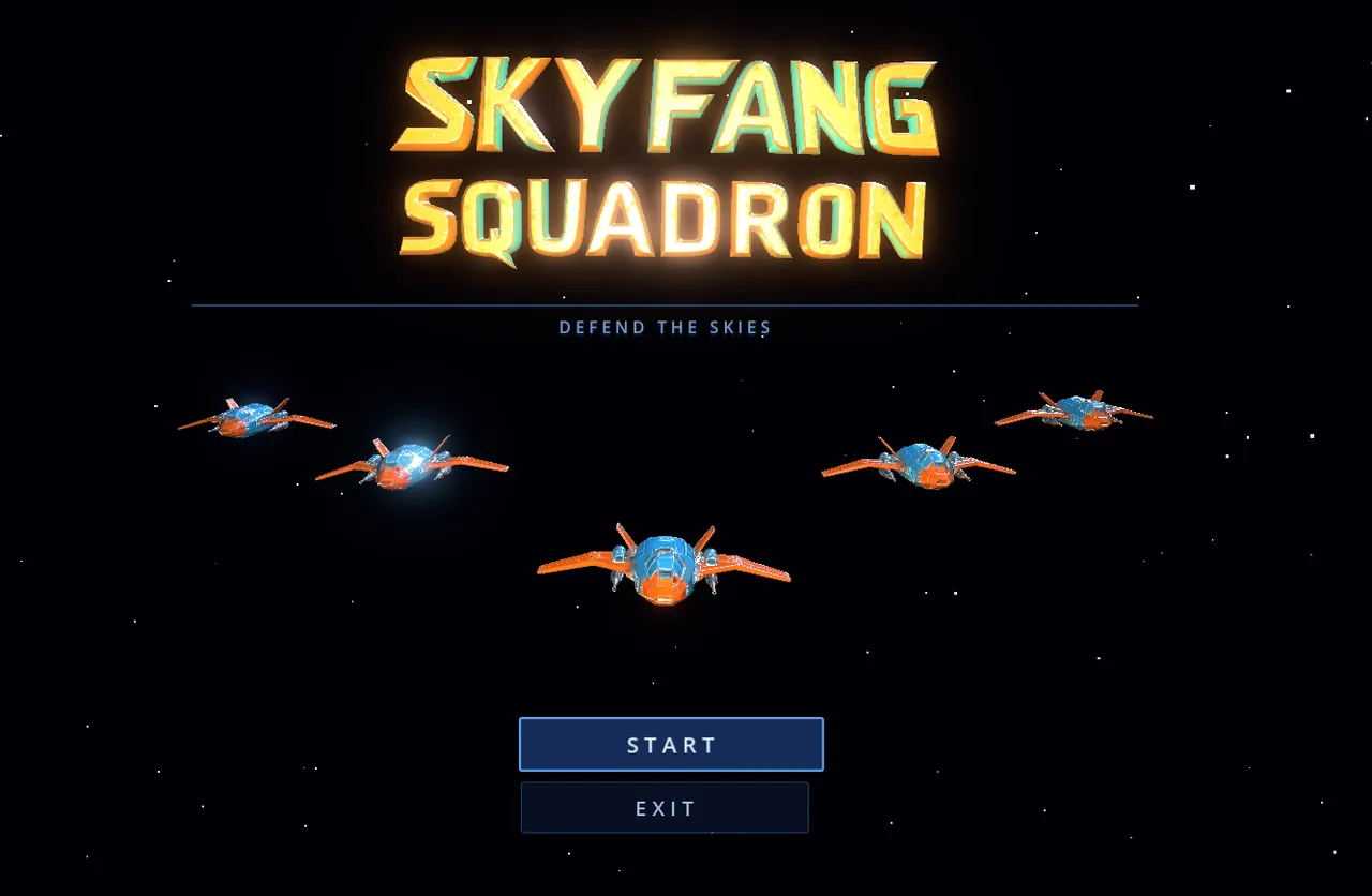 The Skyfang Squadron title screen: a glowing gold logo above the line Defend the skies, five blue and orange ships in a V formation on a starfield, and Start and Exit buttons below.