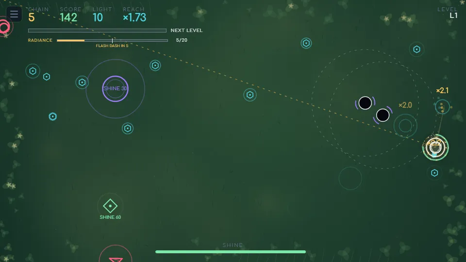 Sonaris in play in the clover meadow skin: the glowing player orb on the right, shine targets and a dashed light path across a dark green field.