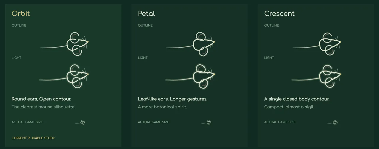 Three line-drawn mice on dark green cards labeled Orbit, Petal and Crescent, each shown as a plain outline, as a glowing light version, and at actual game size.