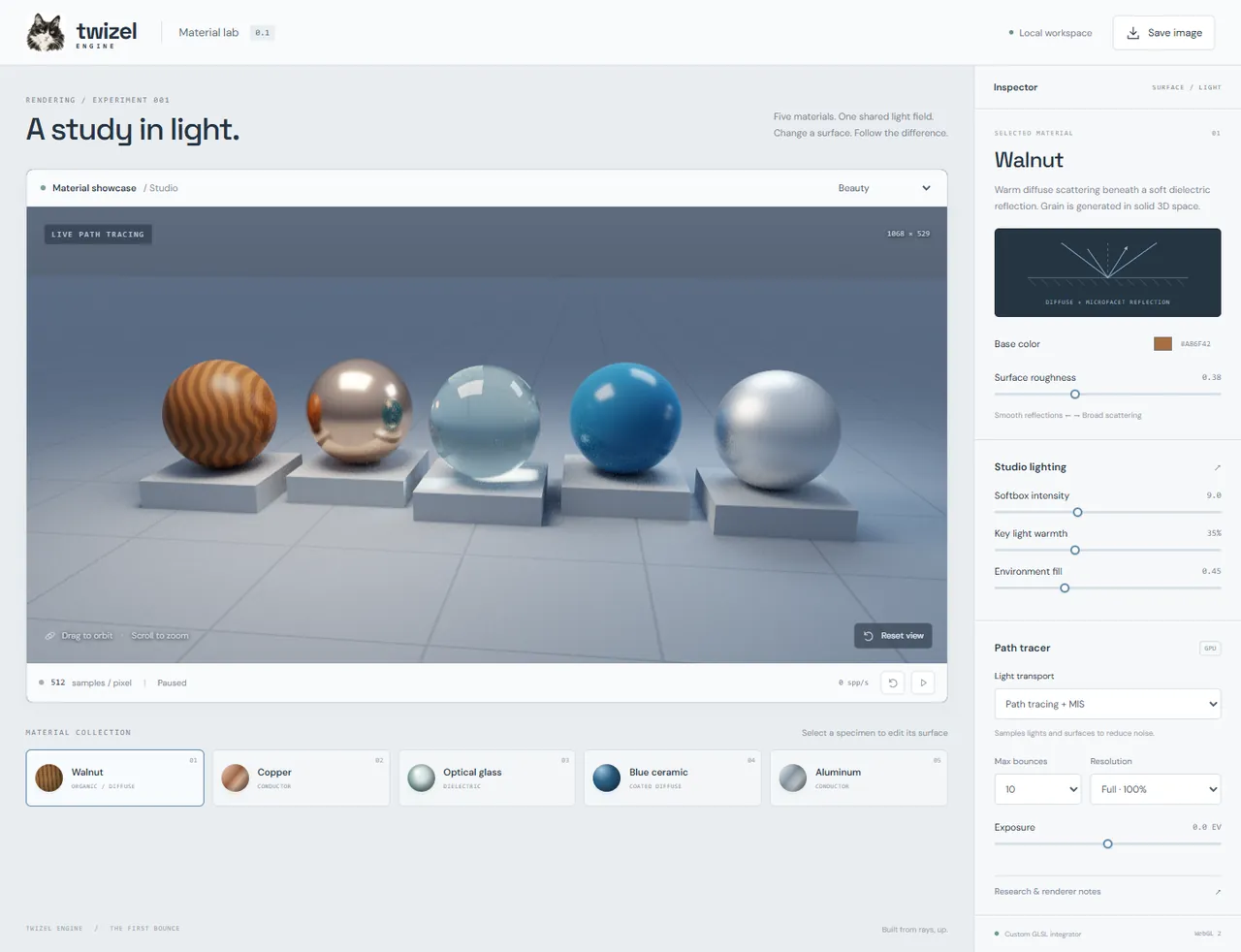 The first Twizel page: a light-themed material lab with walnut, copper, glass, blue ceramic and aluminum spheres on stone pedestals, and an inspector for the selected Walnut material.