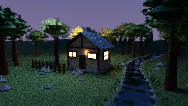 The cottage at dusk with speckled noise across the grass, walls, roof and trees.