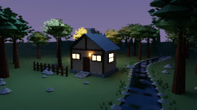 The same cottage view with much smoother grass, walls and roof, a little grain left on thin edges.