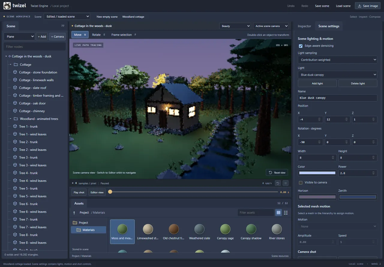 The cottage at dusk in the editor viewport, its windows lit and a stream beside it. The hierarchy lists cottage parts, tree trunks and wind leaves; the Scene settings panel shows denoising, light sampling and a light named Blue dusk canopy.