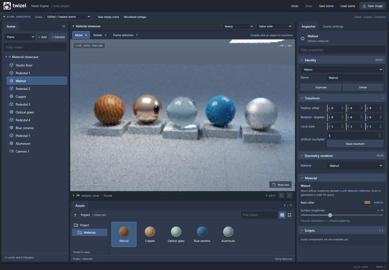 The dark-themed Twizel scene workspace: a hierarchy listing the floor, pedestals, five spheres and a camera; the spheres rendering in the viewport; material swatches in an Assets dock below; Walnut's identity, transform and material properties in the inspector.