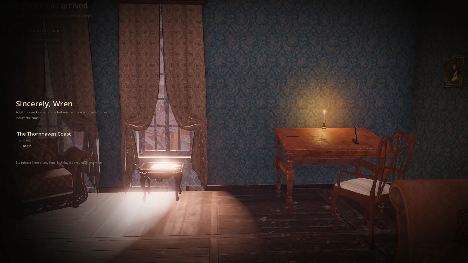 Current Sincerely, Wren title and study, captured September 13, 2026 from an isolated new-game profile.
