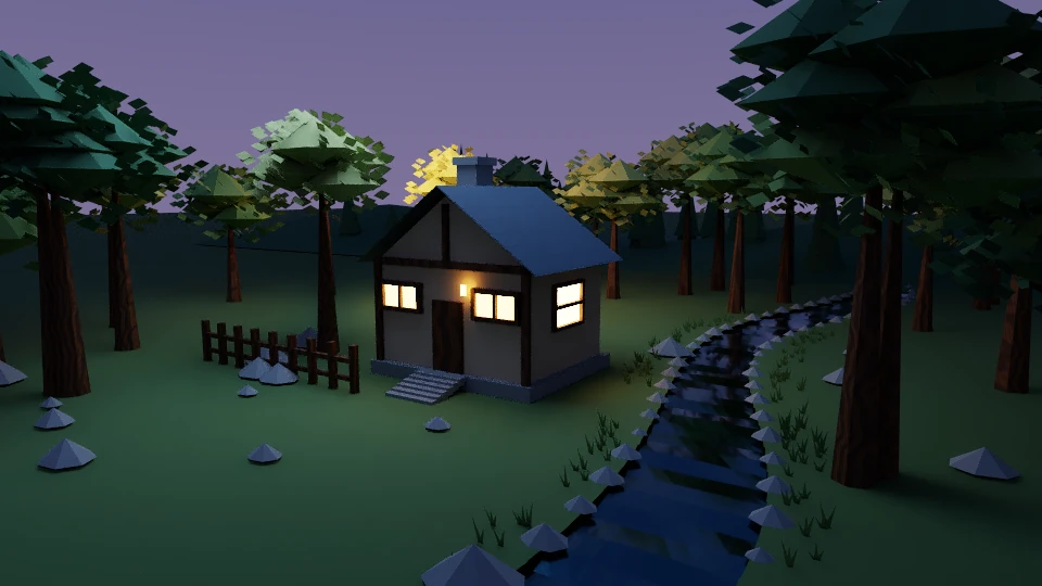 Twizel's woodland cottage, rendered September 12, 2026 at 64 samples per pixel. A retained cinematic frame, not a real-time performance claim.