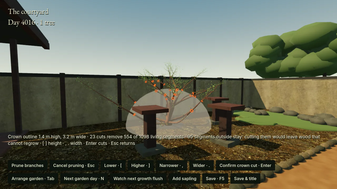 In-game capture from the development source, October 4: the courtyard’s Reduce crown preview on a juniper that was planted from a bonsai and has grown about eleven years in the ground (garden day 4,016). The dome sets the outline; the orange rings mark the 23 cuts it would make, and the notice explains why 95 segments outside it stay: cutting them would leave wood that cannot regrow.